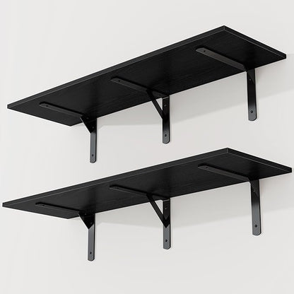 Black Floating Shelves 40"W x 12"D, Deep Wall Shelves with Brackets for Books, Plant, 12 Inch Deep Bathroom Shelf Set of 2, Large Floating Shelf for Living Room, Bedroom, Kitchen, Set of 2