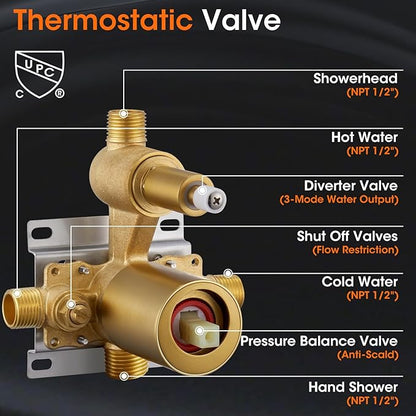 Antique Rainfall Shower System Bathroom Luxury Rain Mixer Shower Faucet Set with Pressure Balance Valve, Shower Combo Set with Rain Shower Head and Vintage Handheld Spray 9 inch Brushed Gold