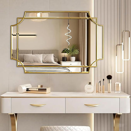 Gold Mirror for Wall, 36x24 Gold Wood Framed, Scalloped Beveled Polished Rectangle Mirror, Large Decorative Mirrors for Wall Decor, Irregular Mirror for Living Room, Bathroom Vanity, Entryway