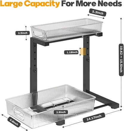 2 Pack Under Sink Organizer, 2-Tier Pull Out Cabinet Organizer, Elegant Acrylic Under Sink Storage Shelf for Kitchen Bathroom Cabinet, L-Shaped Adjustable Height for Maximum Space Efficiency-Black