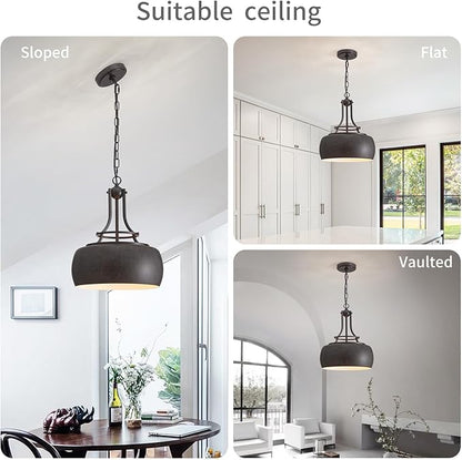 WUZUPS Chandelier Rustic Farmhouse Industrial Round Ceiling Pendant LED Light Fixture with Open Bottom Drum Shade, H 15.7" x W 13.4", Distressed Rust