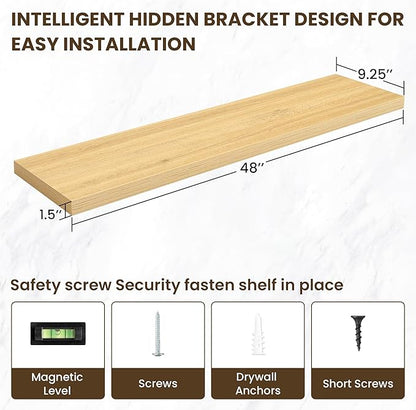 48 Inch Floating Shelves, 3D Textured Wood Grain, 48"x9.25"x1.5" Inch Deep Floating Shelves for Wall, Wooden Shelves for Bathroom, Bedroom, Living Room, Natural