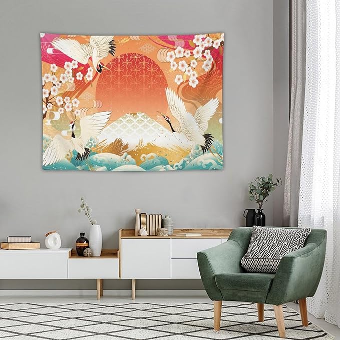 HZOHNAGO Japanese Tapestry Cherry Blossom Crane Sea Wave Fuji Mountain Red Sun Pattern Printed Wall Tapestry Painting Wall Hanging for Bedroom Living Room Dorm 40" W x 30" H