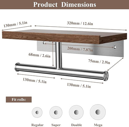 Tindbea Rustic Double Toilet Paper Holder with Walnut Wood Shelf, Farmhouse Toilet Paper Holder Brushed Nickel Stainless Steel Bathroom Tissue Roll Holder