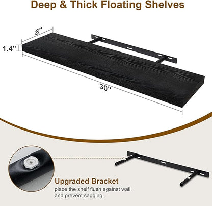 30 Inch Floating Shelves, Rustic Floating Wall Shelves 8 Inch Deep, 30 x 8 Floating Shelves for Home Decor, Deep Display & Storage Shelves for Kitchen, Bathroom, Living Room, Black Color, Set of 2