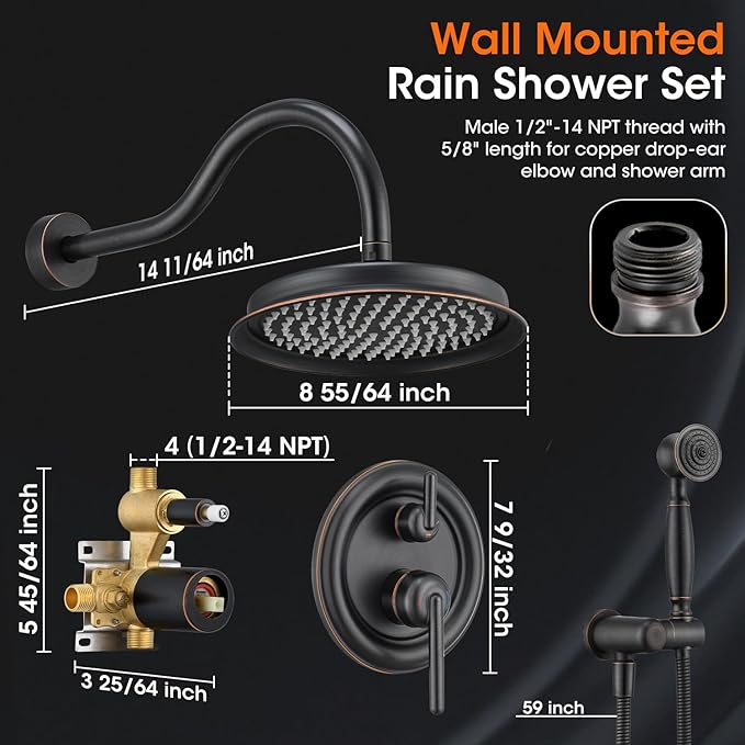 Rainfall Shower System 9 inch Antique Bathroom Luxury Rain Mixer Shower Combo Set with Vintage Handheld Shower Wall Mounted Shower Faucet Set Rough-in Valve and Trim Included Oil Rubbed Bronze