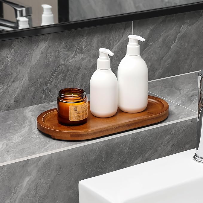 Bamboo Vanity Tray 11.4x6.3 inches, Decorative Vanity Tray for Bathroom Countertop Toilet Tank Farmhouse, Brown