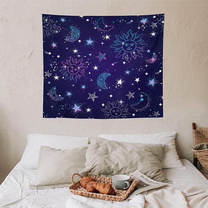 HZOHNAGO Boho Sun Moon Tapestry Purple Blue Sun Stars Galaxy Pattern Printed Wall Tapestry Wall Hanging for Bedroom Living Room Dorm 60" W x 50" H