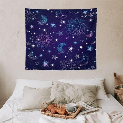 HZOHNAGO Boho Sun Moon Tapestry Purple Blue Sun Stars Galaxy Pattern Printed Wall Tapestry Wall Hanging for Bedroom Living Room Dorm 60" W x 50" H