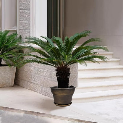 Plant Planters Pots Set of 4 Pack 13 Inch，Large Plastic Flower Pot for Indoor Plants with Drainage Holes & Trays, Resin Decorative Container Sets with Saucer for House Outdoor Garden Plant Dark Gold