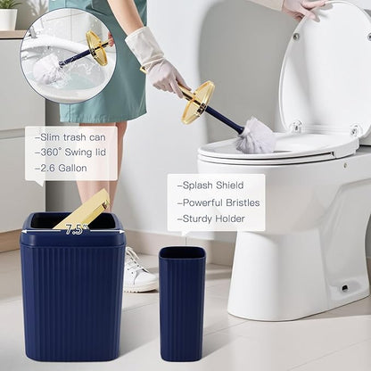 32PCS Bathroom Accessory Set Bathroom Accessories Set Navy Blue Bathroom Set, Shower Curtain Set, 2 Piece Bath Towel Set, 3PC Soap Dispenser, Toilet Brush & Trash Can