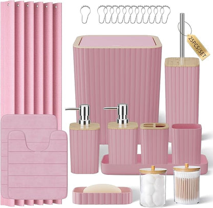 Bathroom Accessories Set - 25PC Pink Bathroom Set, Bathroom Set with Shower Curtain and Rugs, Pink Shower Curtain Set, Toilet Brush, Bathroom Trash Can