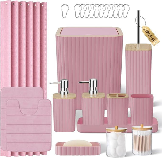Bathroom Accessories Set - 25PC Pink Bathroom Set, Bathroom Set with Shower Curtain and Rugs, Pink Shower Curtain Set, Toilet Brush, Bathroom Trash Can