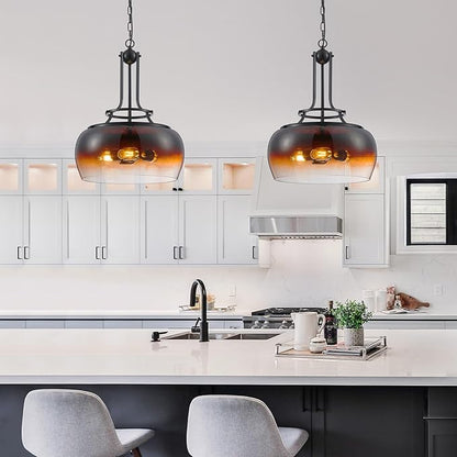 WUZUPS Chandelier Rustic Farmhouse Industrial Round Ceiling Pendant LED Light Fixture with Amber Gradient Black Glass Shade for Dining Room Kitchen Island Foyer Entryway, H 20.9" W 15.9", E26 Base