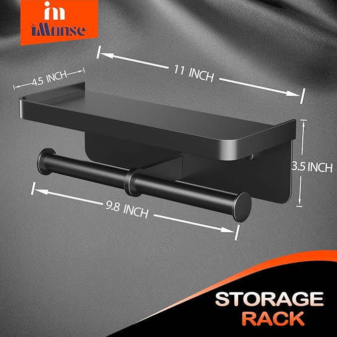 Double Toilet Paper Holder with Shelf, Commercial Toilet Paper Towel Holder Wall Mount, Tissue Roll Holder for Bathroom Kitchen RV, Double Tissue Roll Rack with Adhesive & Screw (Matte Black)