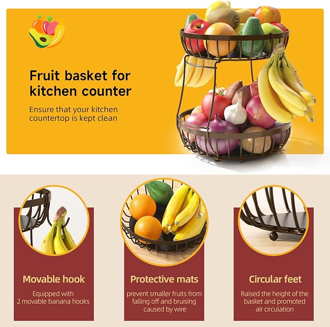 2 Tier Fruit Basket for Kitchen Counter with 2 Banana Hangers, Metal Stackable Fruit Bowl for Kitchen Counter for Bread Vegetable Fruits, Brown