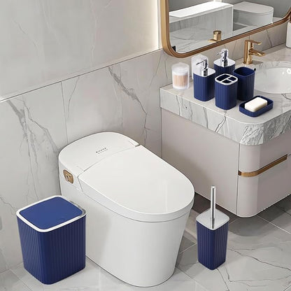 Bathroom Set with Shower Curtain and Rugs- 25PC Bathroom Accessory Set, Navy Blue Shower Curtain Set, Toilet Brush, Trash Can, Qtip Holder Dispenser & Soap Dispenser