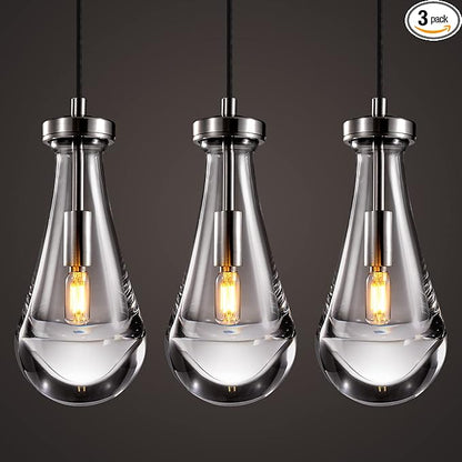Raindrop Pendant Lights Set of 3, Modern Pendant Lights Kitchen Island 3 Pack, Brushed Nickel Island Light, Pendant Light for Bedroom Bathroom, Chandelier for Living Room Hallway