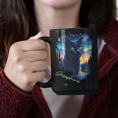 Custom Cute Cat Coffee Mug With Northern Lights, Customized Name Ceramic Mug 11oz 15oz, Beautiful Nature Scene Mug, Personalized Animal Lovers Black Cup, Gift For Pet Enthusiasts