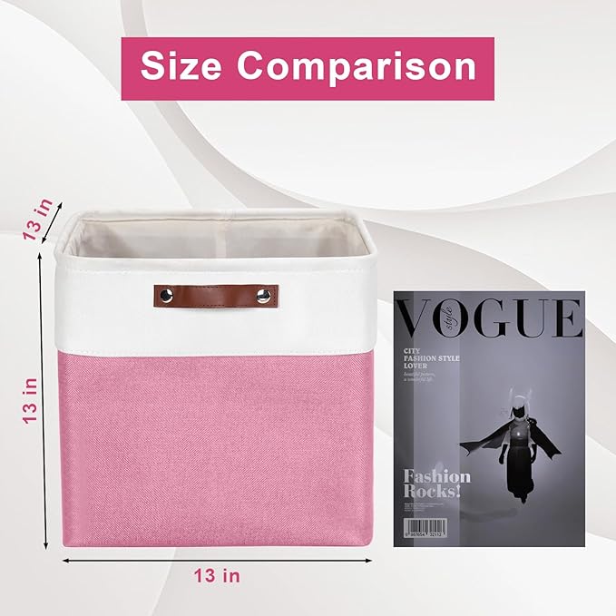 13x13 Cube Storage Bins, Collapsible Fabric Storage Box, 4 Pack Closet Baskets with Handles for Organizing, Shelf, Toys, Clothes, Home, Office, Nursery (Pink&White)