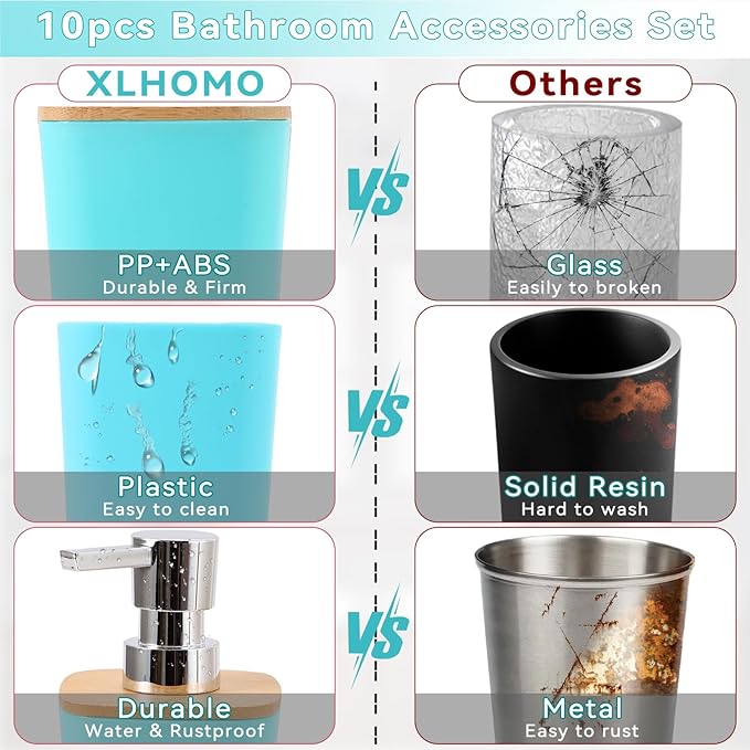 Teal Blue Bathroom Accessories Set with Trash Can 9 Piece Bathroom Decor Toothbrush Holder,Toothbrush Cup,Lotion Soap Dispenser,Vanity Tray,Soap Dish,Toilet Brush,Qtip Holder