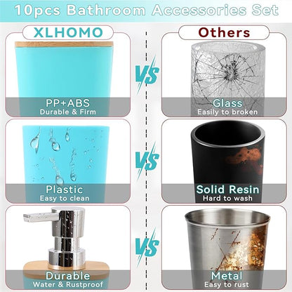 Teal Blue Bathroom Accessories Set with Trash Can 9 Piece Bathroom Decor Toothbrush Holder,Toothbrush Cup,Lotion Soap Dispenser,Vanity Tray,Soap Dish,Toilet Brush,Qtip Holder