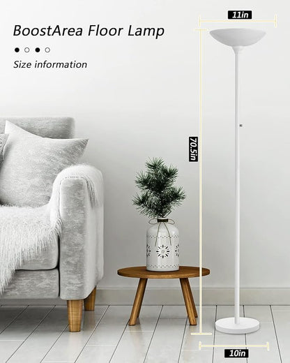 BoostArea Torchiere Floor Lamp, 30W Super Bright LED Standing Lamp, 3000K Stepless Dimmable Pole Lamp with Rotary Switch, 70 Inch Tall Metal Modern White Floor lamp for Living Room/Bedroom/Office/Den