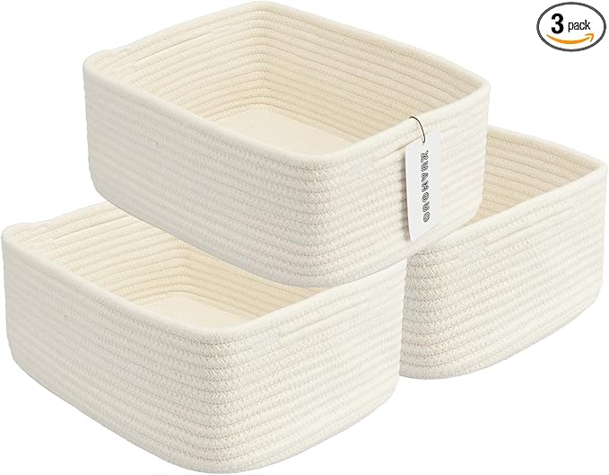 Small Woven Storage Baskets 13“X9”X5“ Decorative Rope Bins for Organizing Shelves, Closets, and Toys, Empty Gift Baskets, Cute Organizer Basket for Home and Office White Large
