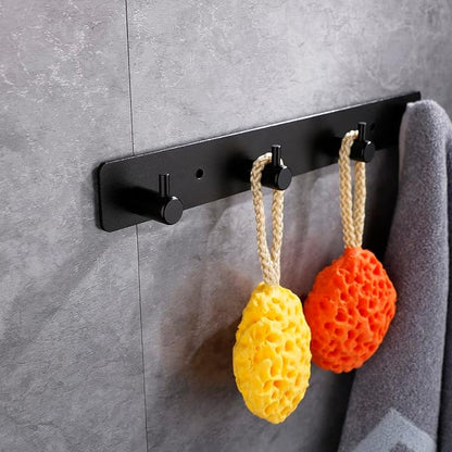 Black 4 Wall Hooks, Matte Black Bathroom Hook Rail, Self Adhesive Key Hook Rack Hanger Towel Robe Stick Hooks for Toilet Entryway Hallway Kitchen Wall Mounted