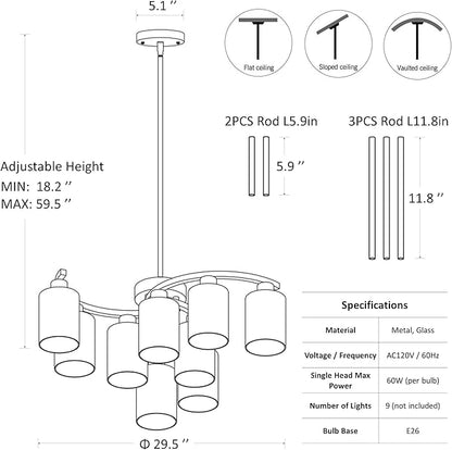 9-Light Antique White Chandelier with Clear Glass Shade, French Country Chandeliers for Dining Room, Adjustable Height Hanging Chandelier for Kitchen Island Living Room Foyer Bedroom