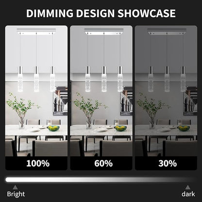 OKELI 3-Light Dimmable LED Pendant Lighting for Kitchen Island, 18W 1350LM Modern Crystal Bubble Island Light Fixture, 6000K Cool White, Adjustable Electro-Chrome Fixture, Easy Install, Square