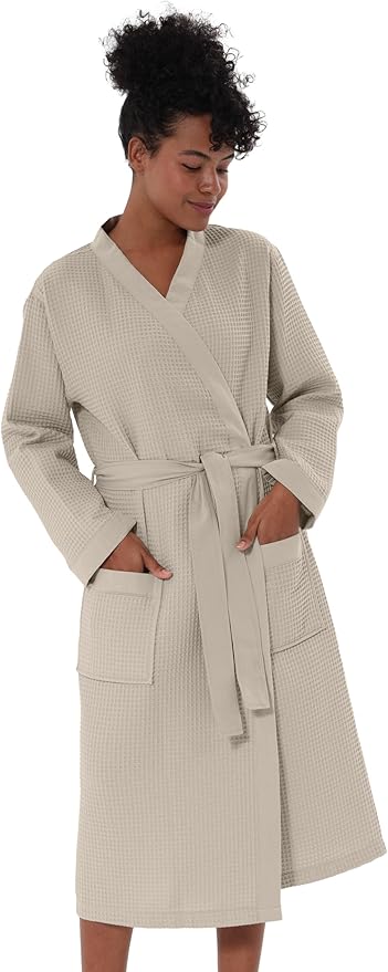 Women’s Luxury Waffle Shawl Collar, Hooded Robe w Piping – Lightweight, Long, Ultra Soft Spa Sleepwear Bathrobe