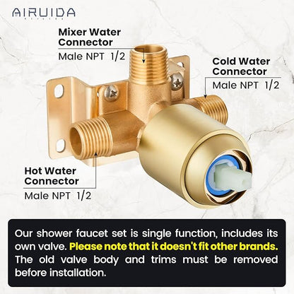 Airuida Shower Faucet Set Bathroom Rain Shower System SUS304 Stainless Steel Single Handle With Male Threads Rough-in Valve Shower Trim Kit 8 Inch Wall Mount Shower Head Brushed Gold
