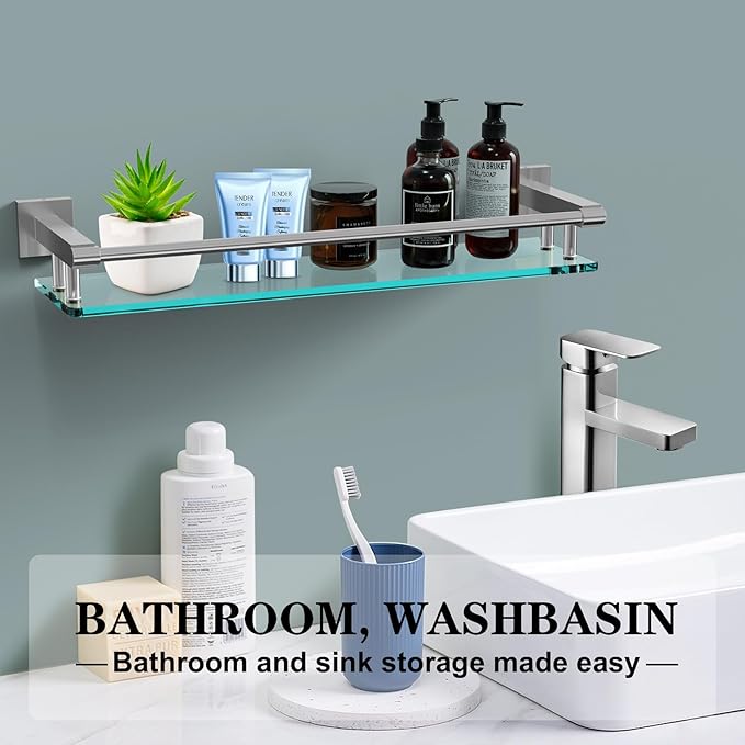 20 Inches Glass Shelf for Bathroom, Brushed Nickel Glass Shelves for Wall with Smooth Stainless Steel Railing, Modern Tempered Glass Organizer Shelf