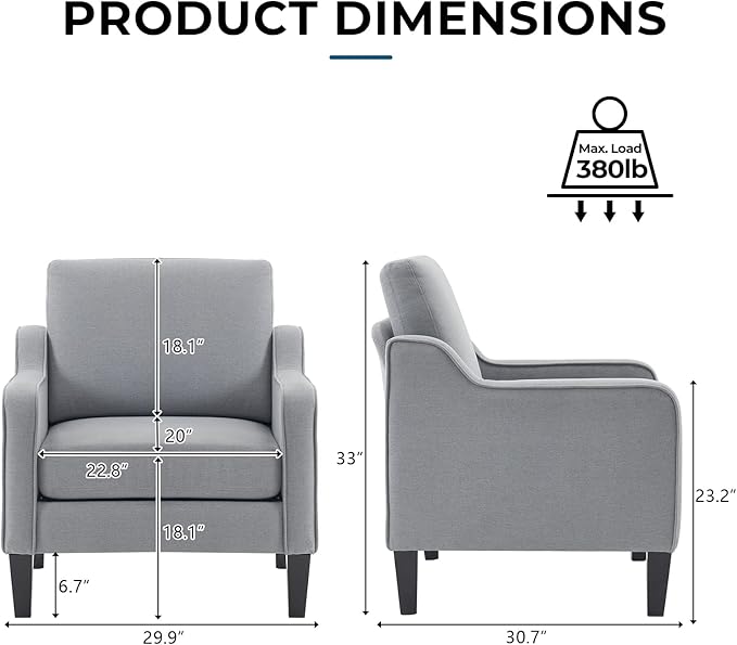 VINGLI Mid Century Modern Accent Chair, Light Grey Fabric Accent Chairs for Living Room Upholstered Armchair with Scooped Arms for Bedroom, Apartment, Studio, Office, Waiting Room