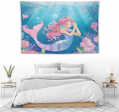 HZOHNAGO Mermaid Girls Tapestry Watercolor Flowers Mermaid Princess Blessing Pattern for Kids Room Decoration Printed Wall Tapestry Wall Hanging for Bedroom Living Room Dorm 90" W x 60" H