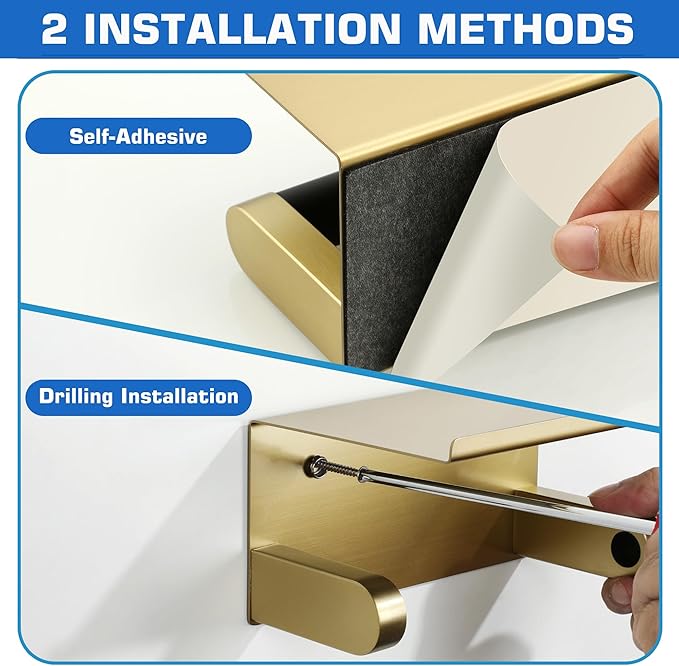 Alise Toilet Paper Holder Adhesive Toilet Paper Roll Holder SUS304 Stainless Steel Toilet Paper Holder with Shelf Spring Loaded Tissue Holder Wall Mount(Adhesive or Screw),Gold and Black Finish