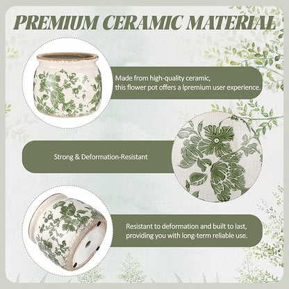 2 Pcs Vintage Planter Large Ceramic Plants Pot Beige Green Vintage Floral Ice Crack Cottage Scroll Vase Flower Vase Pot Indoor Plants Home Kitchen Decor Farmhouse Antique Decorative Gifts