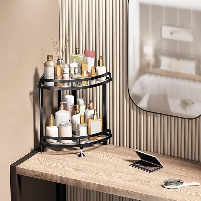 Black Bathroom Counter Organizer XL Corner Shelf, 2-Tier Bathroom Organizers Countertop, Large Capacity Corner Kitchen Storage, Skincare Makeup Vanity Tray, 9''L x 9''W x 13.8''H