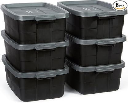 Rubbermaid Roughneck Tote 10 Gal, 6 Pack, Made in USA, Black & Gray, Rugged Plastic Stackable Storage Bins with Lids and Handles