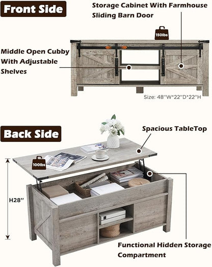 OKD 48" Farmhouse Lift Top Coffee Table with Sliding Barn Door, Rustic Center Table w/Hidden Storage Compartment, Lift Tabletop Dining Table w/Adjustable Shelf for Living Room,Light Rustic Oak