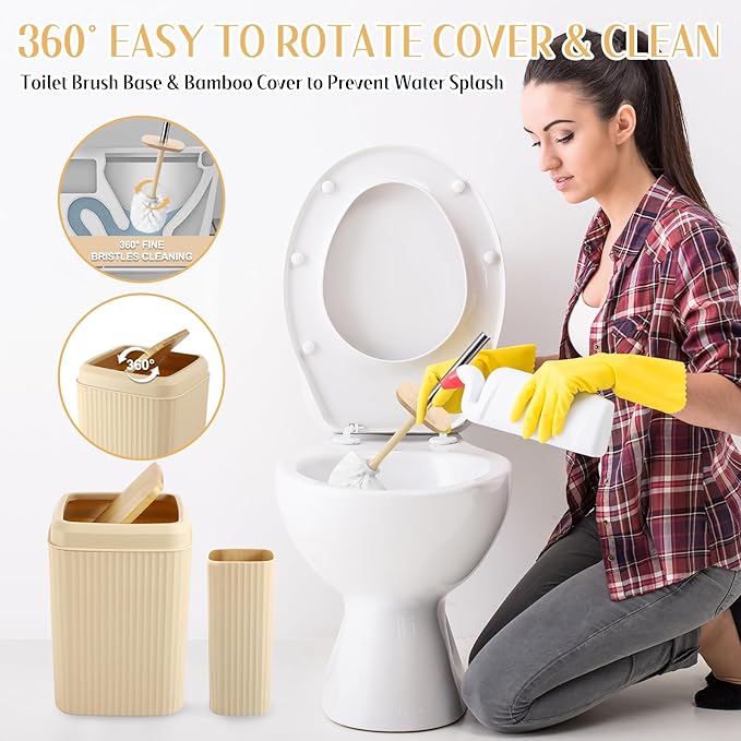 Bathroom Set 17PCS Beige Bathroom Accessories Set Bathroom Sets with Trash Can 3PCS Lotion Soap Dispenser, Toothbrush Holder,6PCS Wood Tags Bathroom Accessories for Kitchen Bathroom