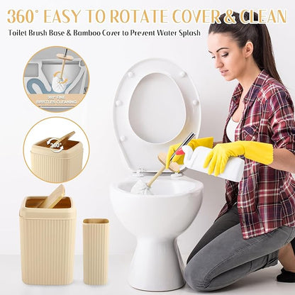 Bathroom Set 17PCS Beige Bathroom Accessories Set Bathroom Sets with Trash Can 3PCS Lotion Soap Dispenser, Toothbrush Holder,6PCS Wood Tags Bathroom Accessories for Kitchen Bathroom