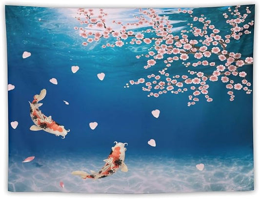 Japanese Koi Fish Tapestry, Cherry Blossoms Asian Oriental Blue Floral Branch Koi Fish Carp Tapestries Wall Hanging for Bedroom Living Room Office Decor 60"x40"