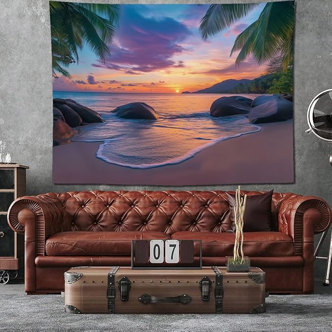 keowhsf Beach Sunset Ocean Tapestry – Tropical Palm Trees Wall Decor with Warm Orange Sky, Summer Seaside Landscape Wall Hanging for Bedroom Living Room Dorm