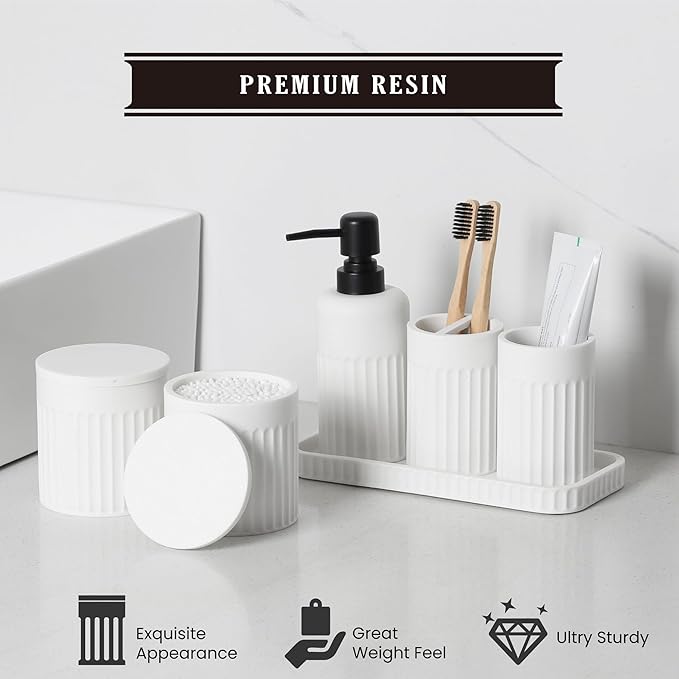 Bathroom Accessory Set - 6 Pieces Bathroom Accessories Set Complete with Soap Dispenser, Toothbrush Holders, Tumbler, Vanity Tray and 2 Qtip Holder for Home Organizer and Decor, White
