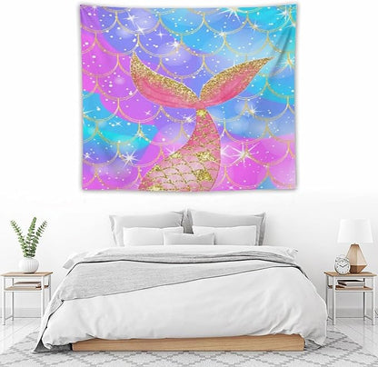 HZOHNAGO Mermaid Scales Tapestry Colorful Shiny Scales Mermaid Tail Pattern Printed Wall Tapestry Wall Hanging for Bedroom Living Room Dorm 60" W x 50" H