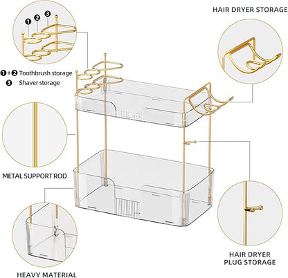 Bathroom Counter Organizer with Hair Dryer Holder, Hair Tool Countertop Storage, Cosmetics Skincare Shelf Organizer, Makeup Organizer Perfume for Dresser Vanity Tray(2 Tier-White)