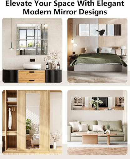Full Length Wall Mirror Tiles, 12'' x 14'' x 4PCS, Acrylic Unbreakable Full Body Mirror for Bedroom Squares Shatterproof Mirror Sheets Wall Mounted for Home Gym Door