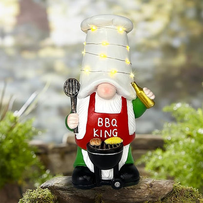 BAYN Garden Gnome Statues Outdoor Decor, Solar Powered Outdoor Gnome with BBQ Grill Decorative Yard Garden Lights Art Gifts with 11 Warm White LEDs